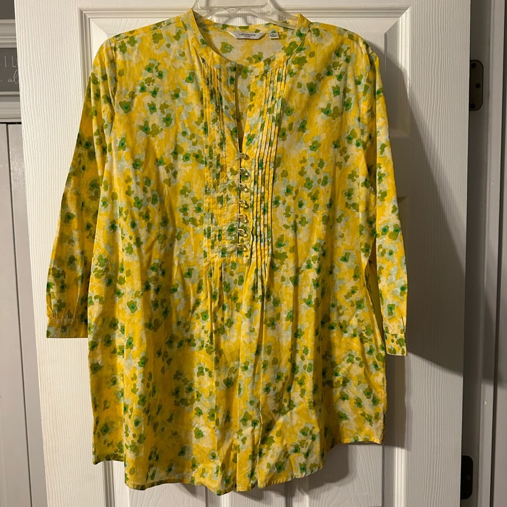 Liz Claiborne Green and Yellow Relaxed Blouse with Mandarin Collar